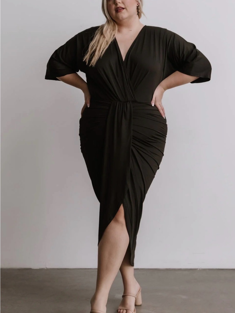 Baltic Born Black Wrap Midi Dress with Ruched Front